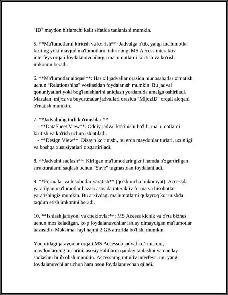 MS ACCESS YORDAMIDA MA’LUMOTLAR BAZASINI YARATISH VA BOSHQARISH 4