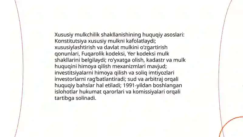 Iqtisodiyiy islohotlar, xususiy mulkchilikning shakllanishi. Oʻzbekistonda bozor iqtisodiyotlarining rivojlanishi. 4