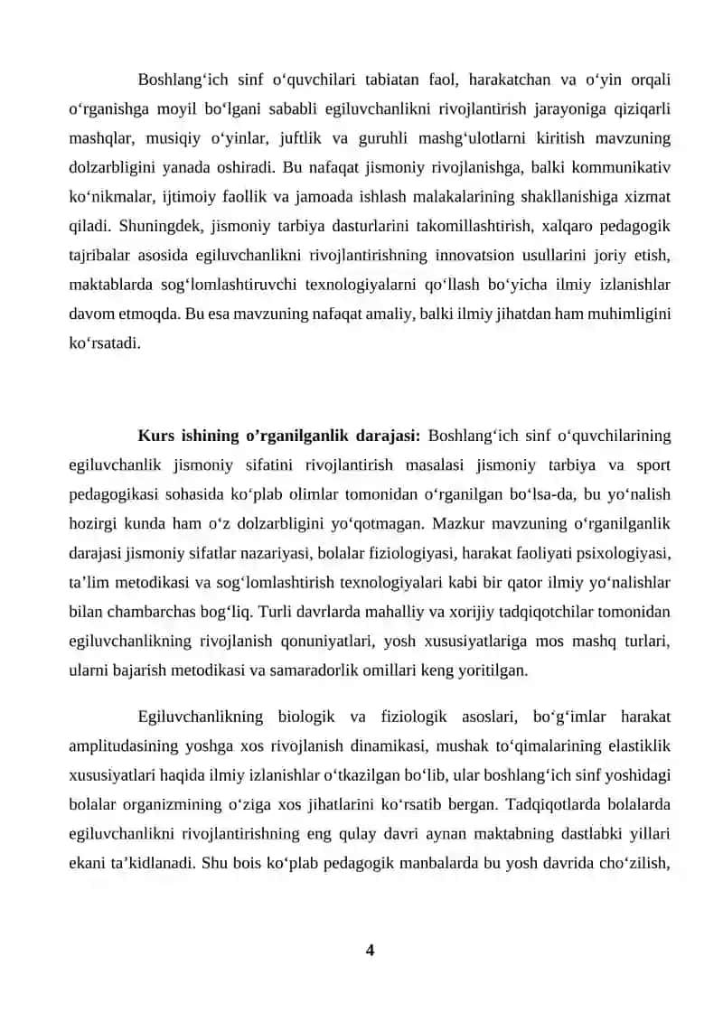 Boshlang'ich sinf o'quvchilarining egiluvchanlik jismoniy sifatini rivojlantirish usullari (KURS ISHI) 4