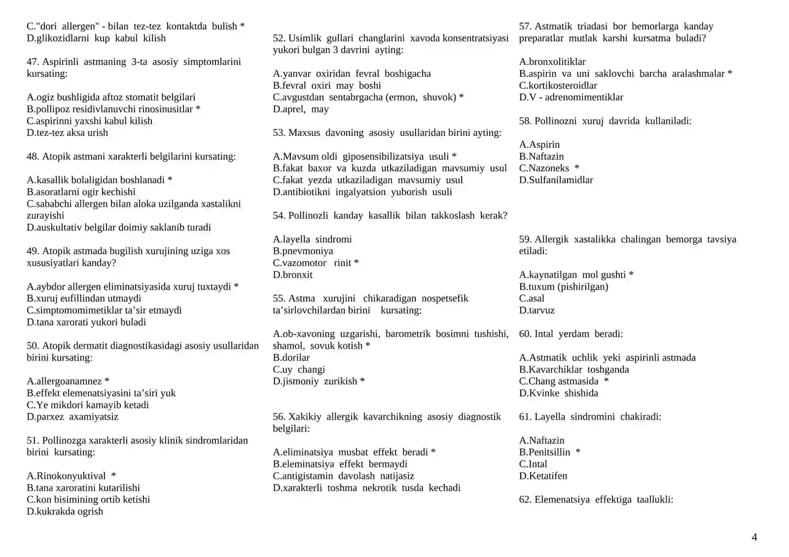 ALLERGOLOGIYA MAGISTRATURA VA KLINIK ORDINATURAGA KIRISH TESTLARI 1000 TA TEST 2026 YIL 4