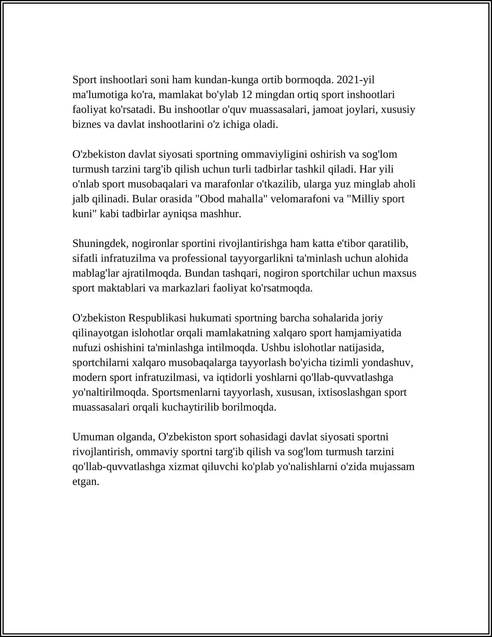O'zbekistonda sportning ahamiyati va jahon arenalarida tutgan o'rni 4