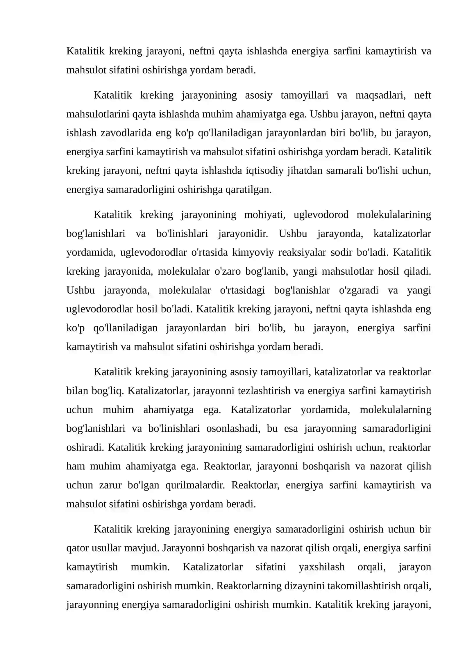 Katalitik kreking jarayoni. Katalizatorlar va reaktorlar. 4