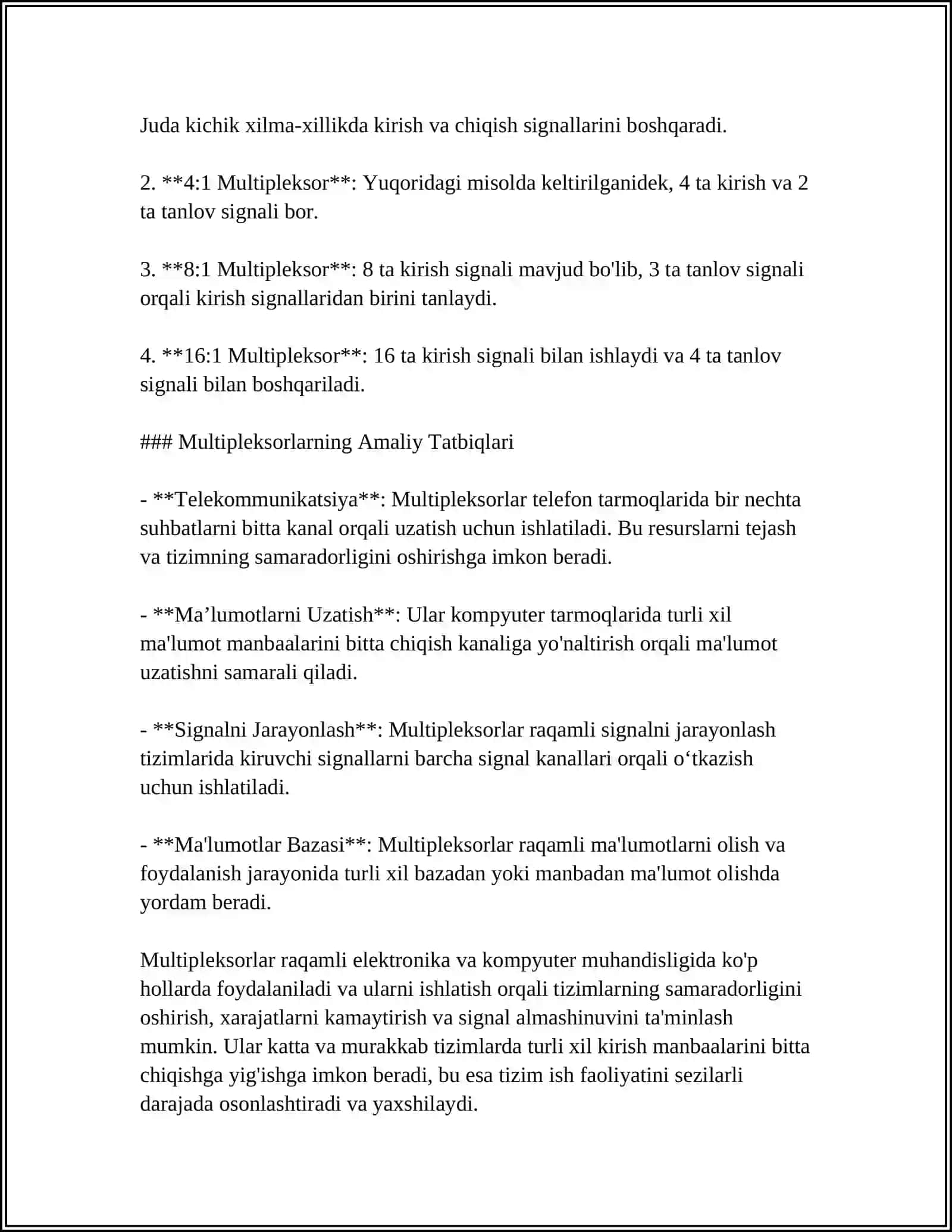 MULTIPLEKSOR VA DEMULTIPLEKSORLARNI TADQIQ ETISH 4