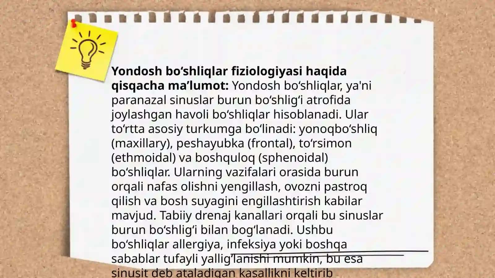Burun va yondosh bo'shliqlarining o'tkir va surunkali kasalliklari.Burunning yondosh bo'shliqlarining klinik anatomiyasi, fiziologiyasi, zamonaviy tekshirish usullari. Burun yondosh bo'shliqlarining jaroxatlari, yot jismlarning klinik belgilari, tahminiy tashxisini shakllantirish, belgilarini re'jasini tuzish. Rinogen va odontogen gaymoritlar klinik belgilari, dif diagnostikasi, tekshirish re'jasini tuzish. 4