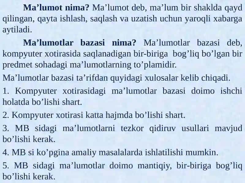 Ma’lumotlar bazalari bilan ishlash texnologiyalari. Tarmoqli texnologiyalari va Internet xizmatlari 4
