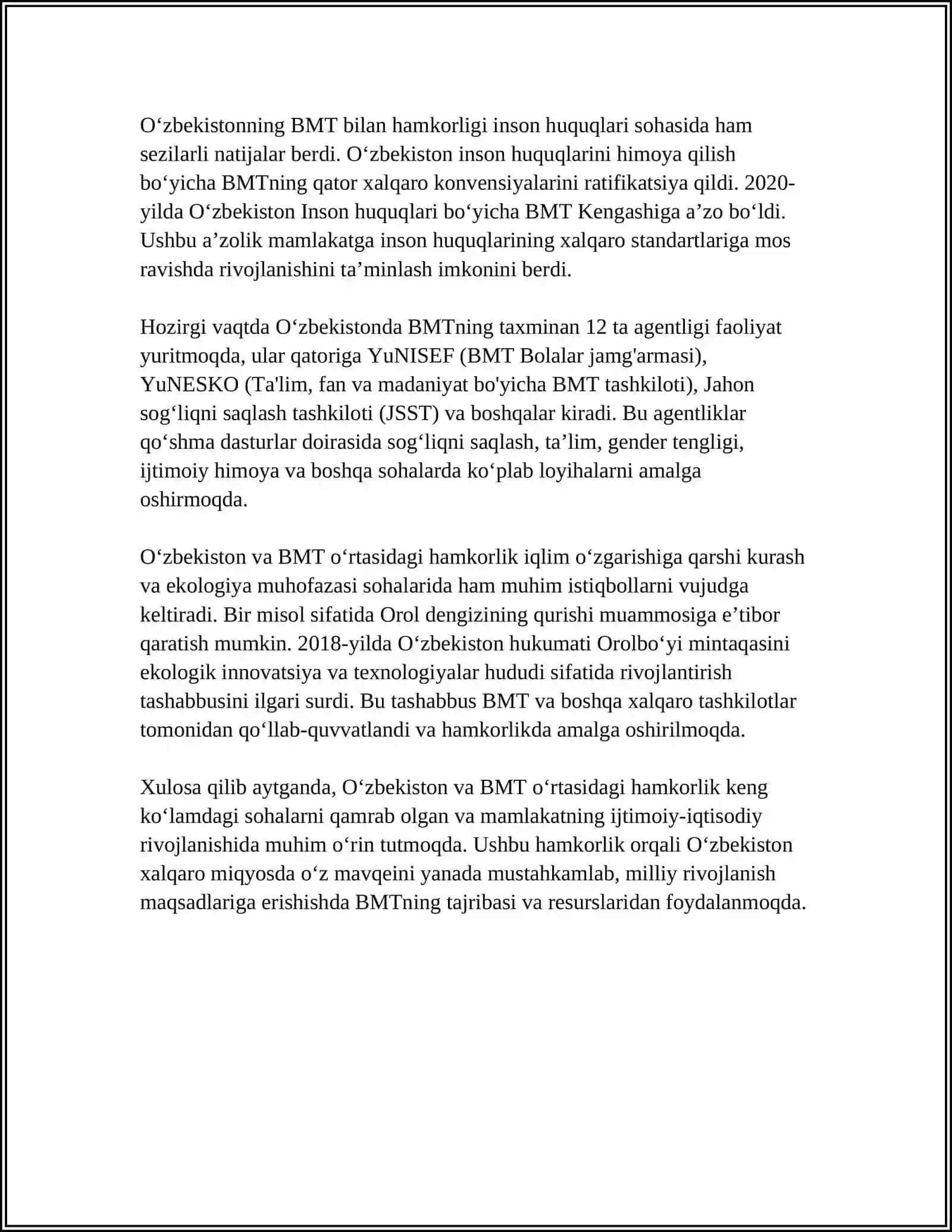 O'ZBEKISTONNING XALQARO TASHKILOTLAR BILAN HAMKORLIGI 4