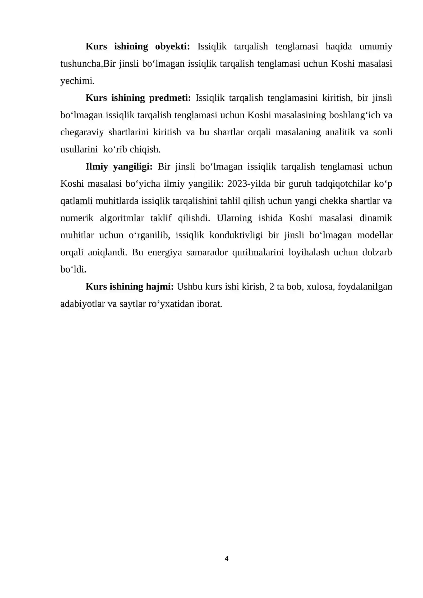 Bir jinsli bo‘lmagan issiqlik tarqalish tenglamasi uchun Koshi masalasi 4