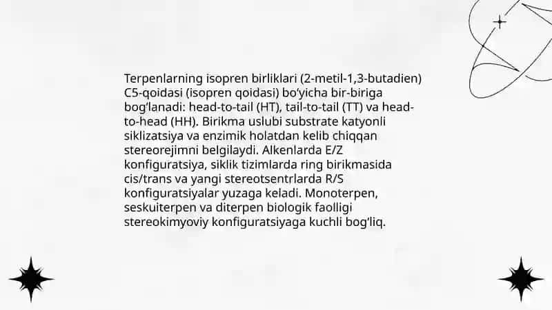 Steroidlar va terpenlarning stereokimyosi hamda ular ishtirokidagi muhim biologik jarayonlar 4