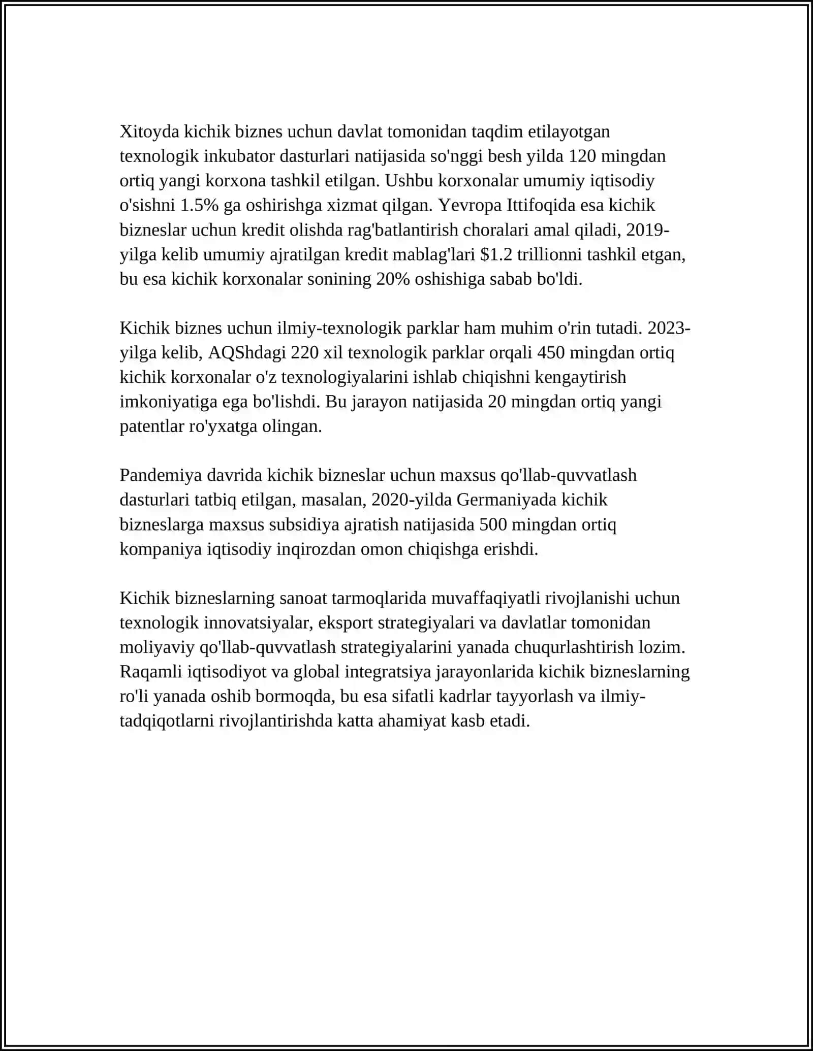 SANOAT TARMOQLARIDA KICHIK BIZNESNI RIVOJLANTIRISH YO’NALISHLARI 4