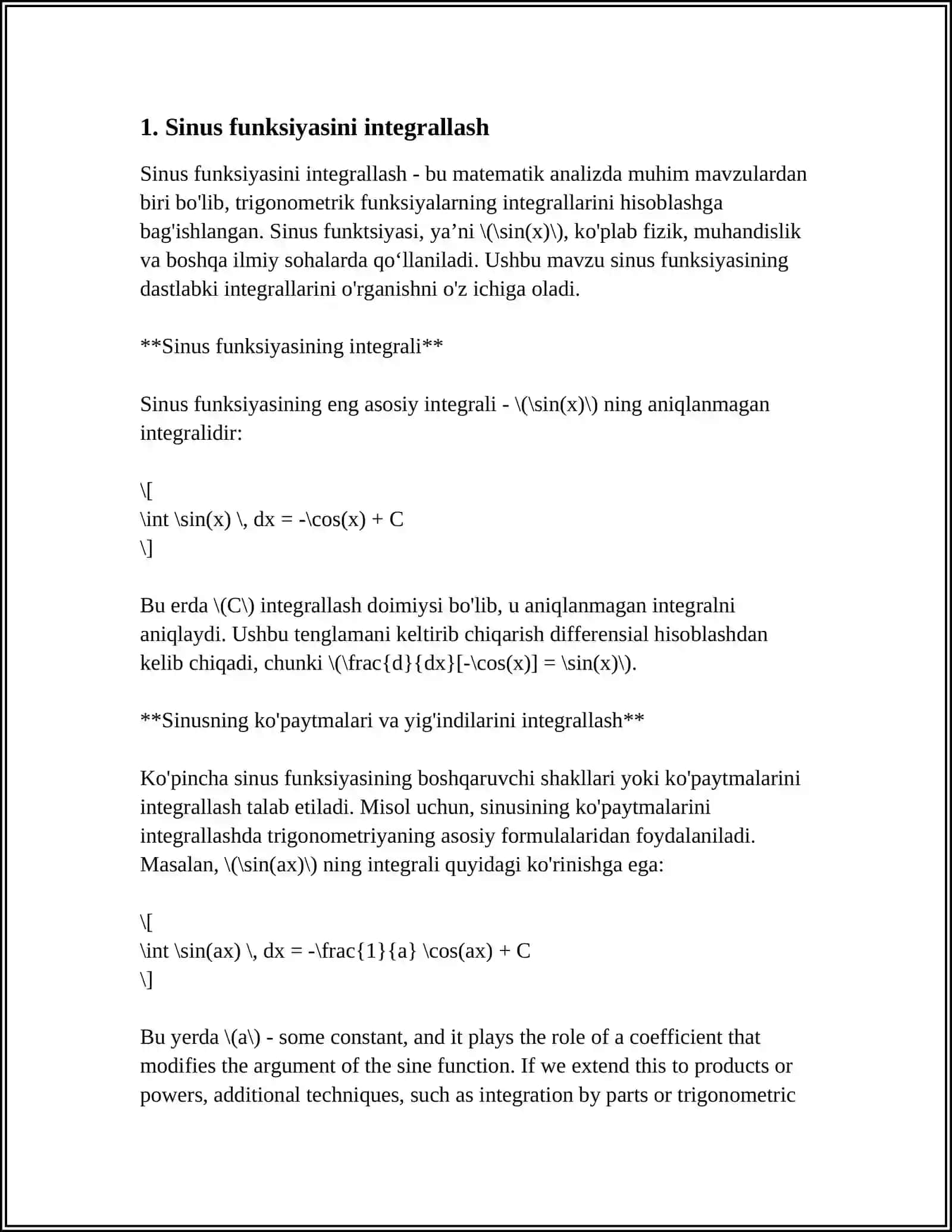 TRIGANOMETRIK FUNKSIYALARNI INTEGRLASHGA DOIR MISOLLAR YECHISH 4