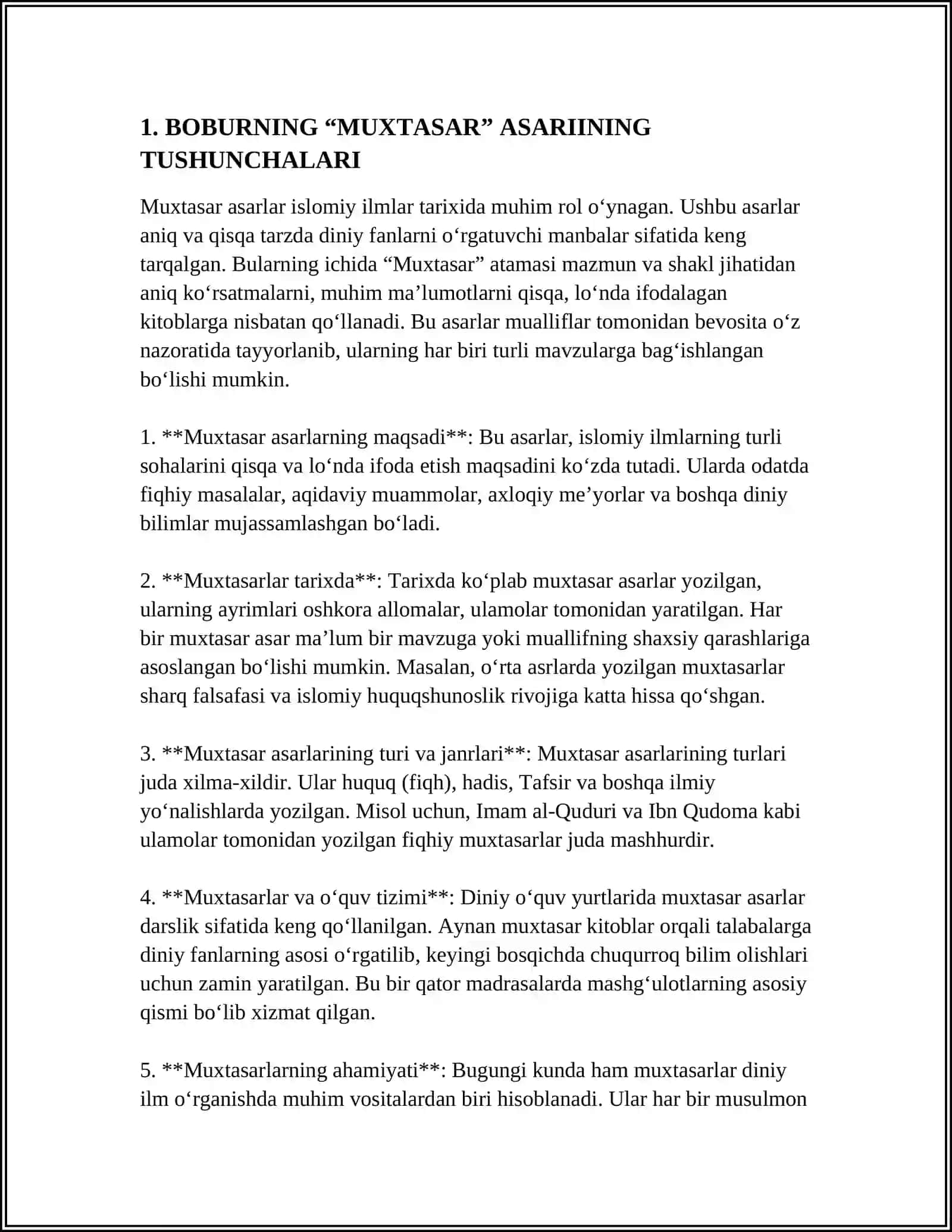 BOBURNING “MUXTASAR” ASARINI O‘QIB-O‘RGANISH; FITRATNING “ADABIYOT QOIDALARI”, “ARUZ HAQIDA” ASARINI O‘QIB-O‘RGANISH; H.BOLTABOYEV, M.MAHMUDOVNING “ADABIY-ESTETIK TAFAKKUR TARIXI” KITOBINI O‘QIB-O‘RGANISH; YO.IS’HOQOVNING “SO‘Z SAN’ATI SO‘ZLIGI” KITOBINI O‘QIB-O‘RGANISH; “SHARQ MUMTOZ POETIKASI: MANBA VA TALQINLAR” 4