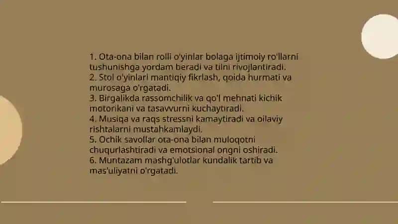 Bolaning oila bilan olib boriladigan ijtimoiy faoliyati 4