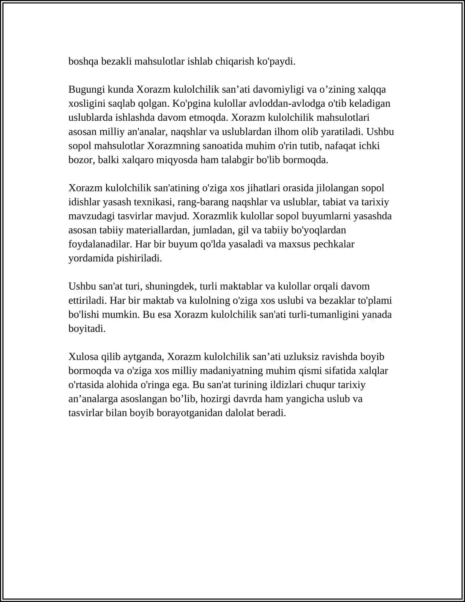MUSTAQIL ISH Mavzu: XORAZM KULOLCHILIK SAN'ATI MAKTABI 4