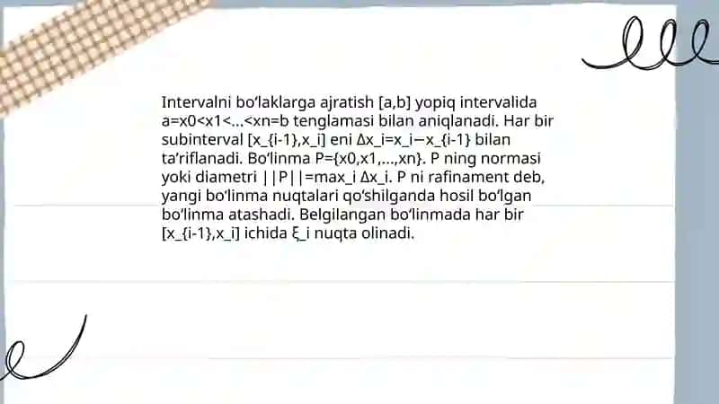 Aniq integral tushunchasi. Darbu yigʻindisi 4