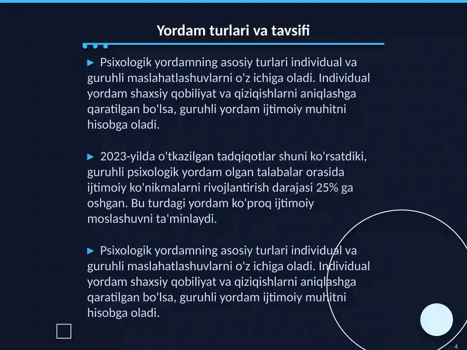 Kasb hunarga yoʻnaltirish fanidan Psixologik yordam turlari va ularning mazmun mohiyati 4