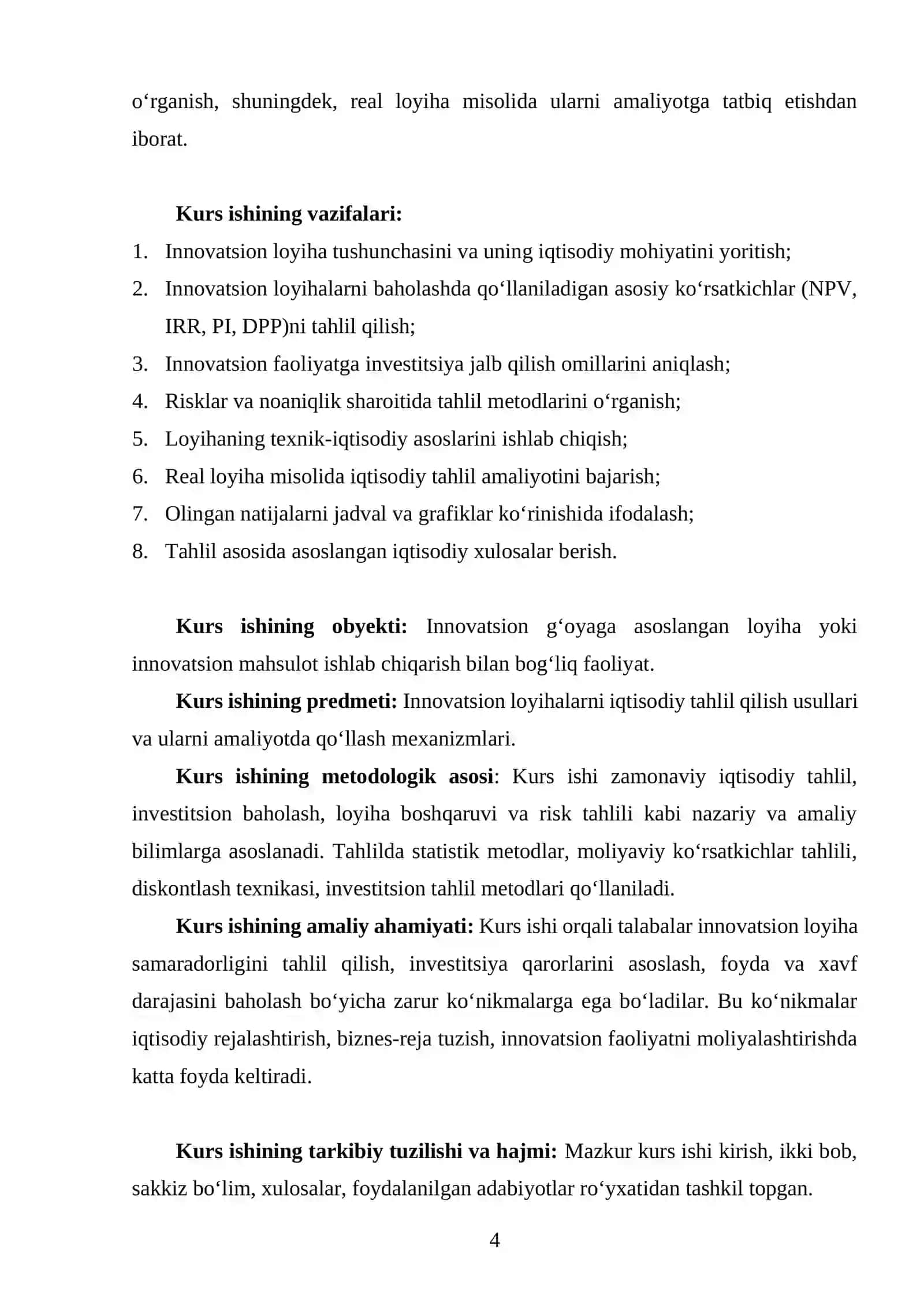 Innovatsion loyihalarni iqtisodiy tahlil qilish kurs ishi 4