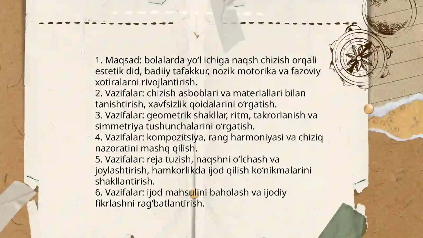 Maktabgacha ta'lim tashkilotida dekorativ rasim (yõl ichiga naqsh chizishga õrgatishning vazifalari va texnologiyalari haqida 4