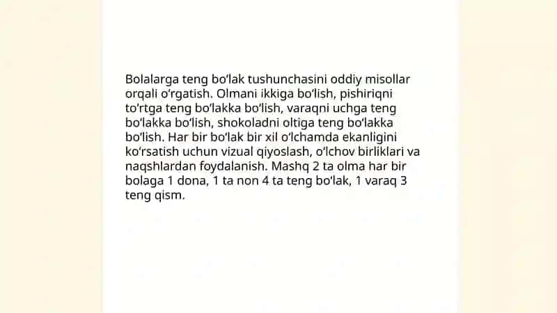 Butun predmetlarni teng boʻlaklarga boʻlishga oʻrgatish 4