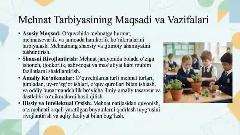 Boshlang’ich ta’limda mehnat va iqtisod,nafosat va ekologik tarbiyaning mohiyati, maqsad va vazifala 4