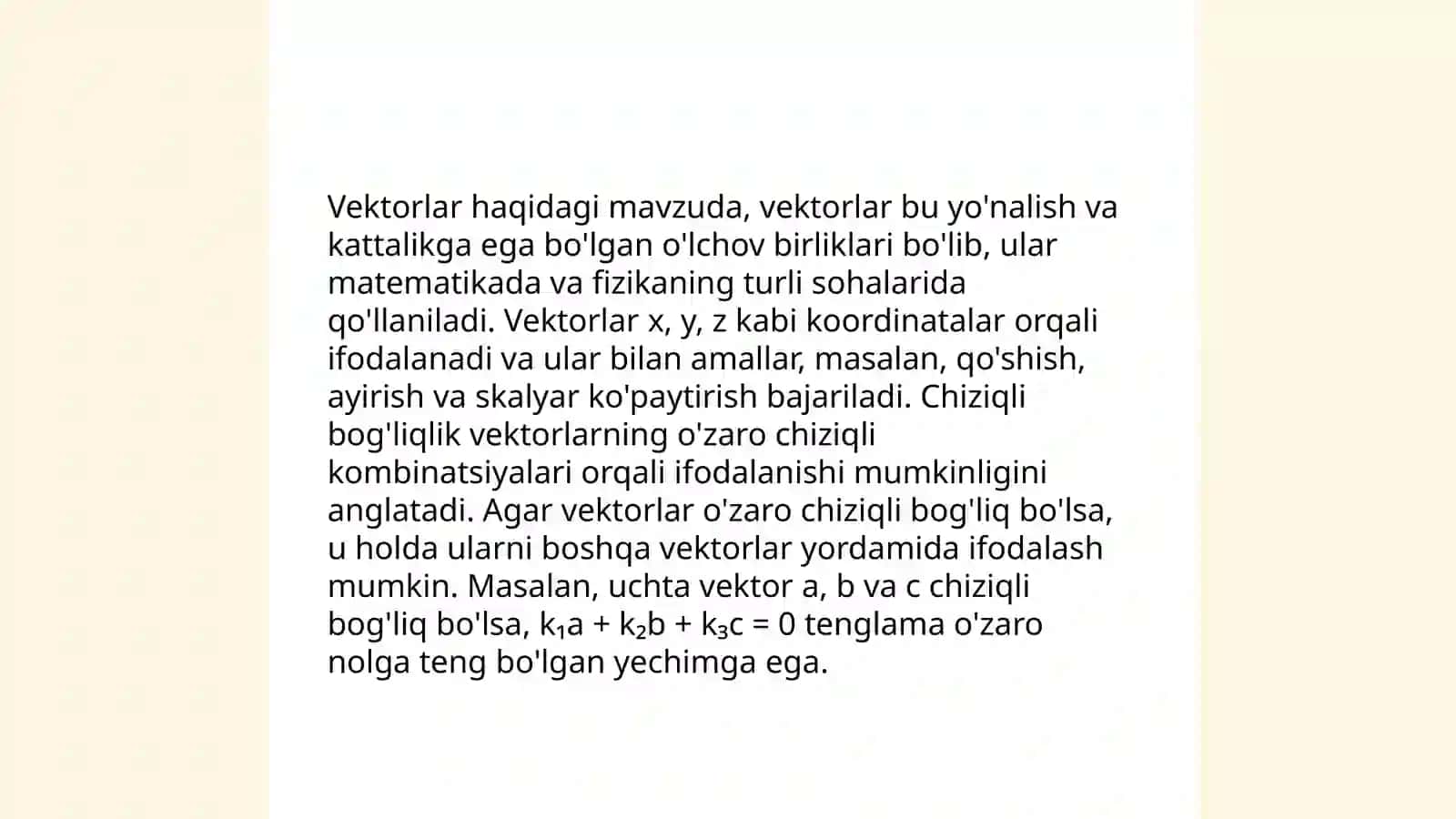 Chiziqli fazolar, chiziqli boĝliklik va chiziqli erkinlik 4