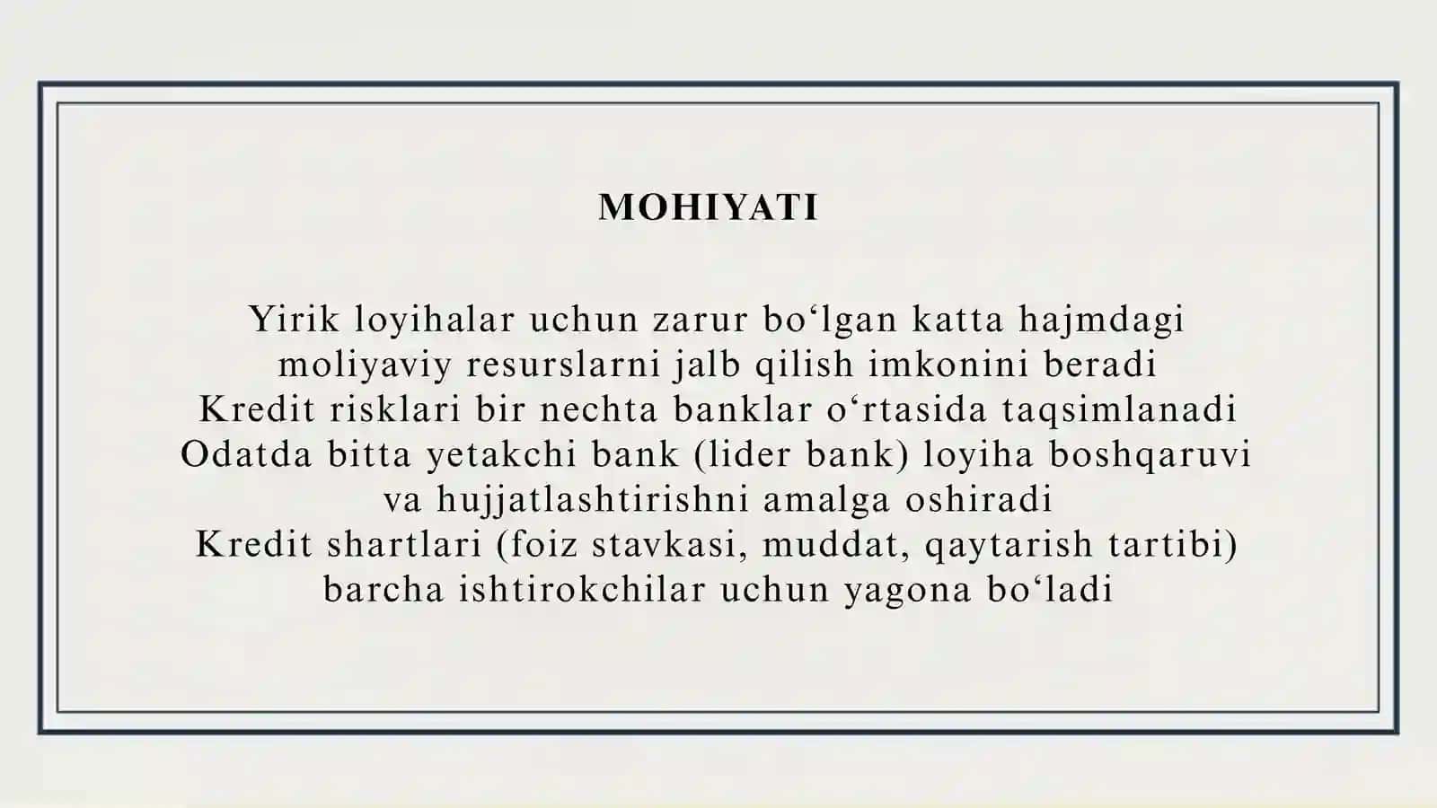 O'ZBEKISTONDA YIRIK INVESTITSIYA LOYIHALARINI SINDIKATLASHTIRILGAN KREDITLASHNI RIVOJLANTIRISH. 4