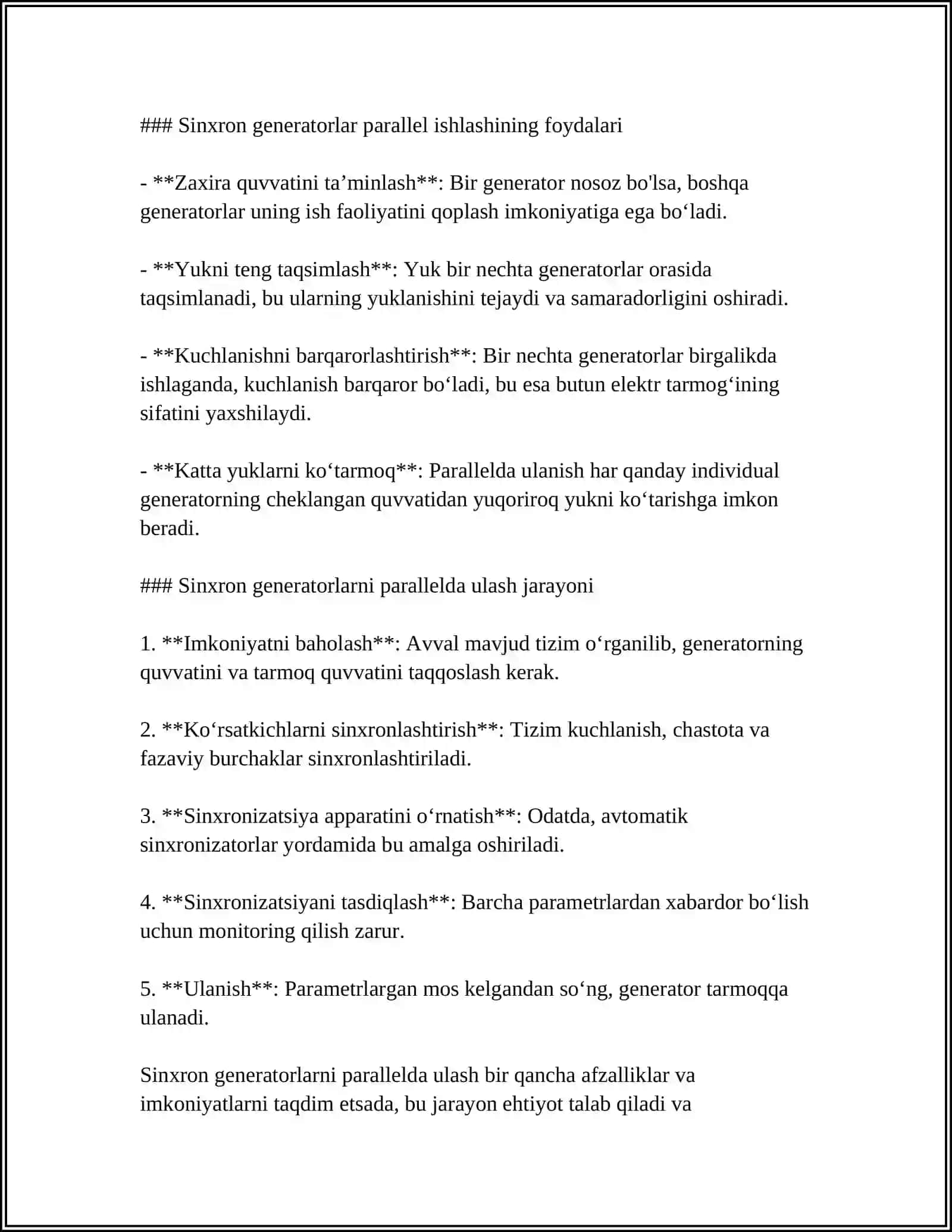 SINXRON GENERATORLARNI O‘ZARO VA ISTE’MOLCHILARNING ELEKTR TARMOQLARI BILAN PARALLELISHLASHI 4