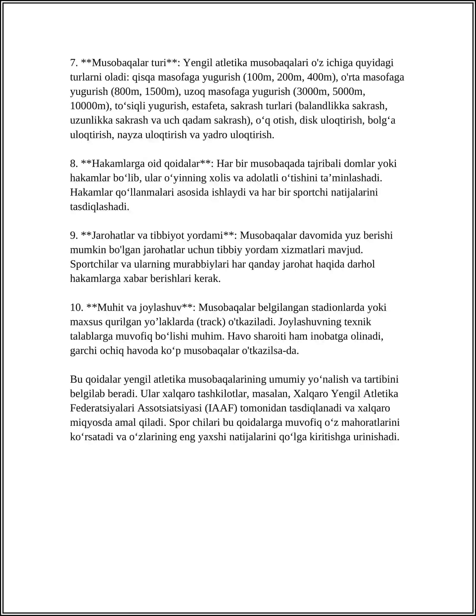 YENGIL ATLETIKA MUSOBAQA QOIDALARI, MUSOBAQALARNI TASHKIL ETISH VA O'TKAZISH TIZIMLARI 4