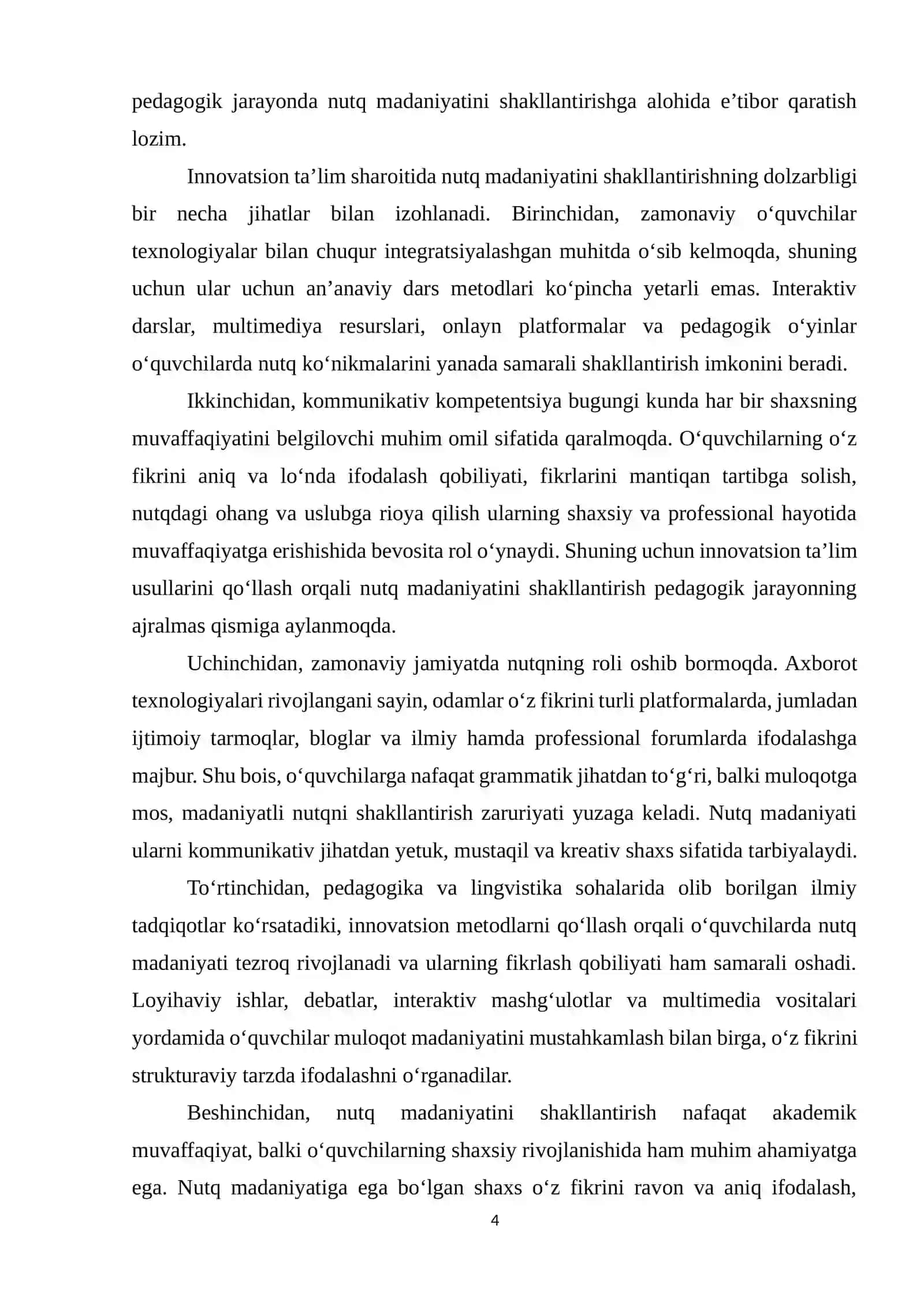 Innovatsion ta’lim sharoitida o’quvchilarning nutq madaniyatini shakllantirish metodikasi (kurs ishi) 4