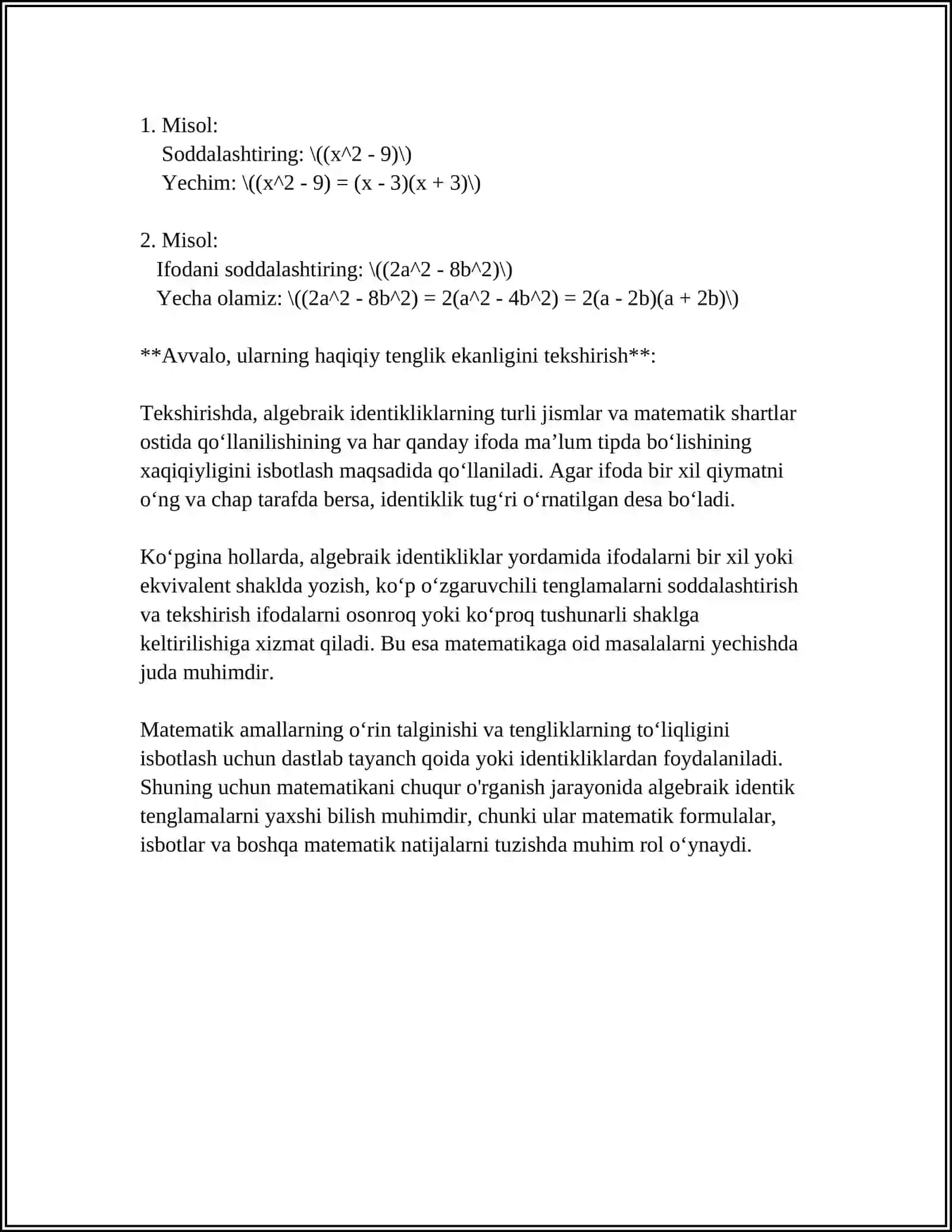 TENG KUCHLI FORMULALAR VA TEOREMALAR MAVZUSI BOʻYICHA 5TA TOPSHIRIQ 4