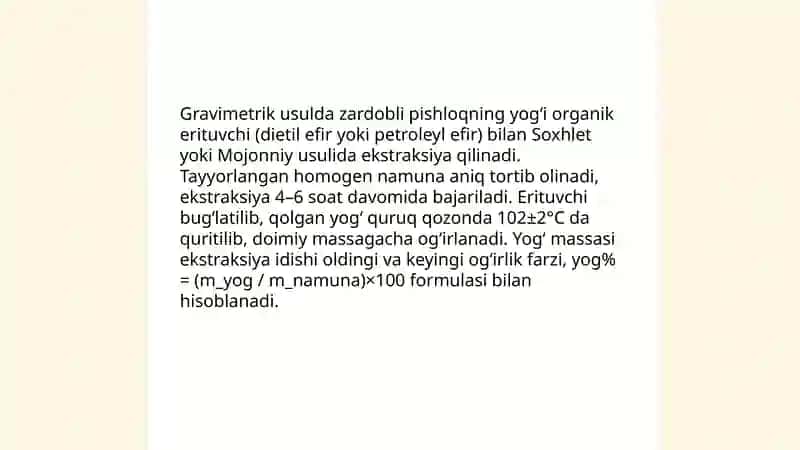 Zardobli pishloq - Yog 'miqdorini aniqlash - Gravimetrik usul 4