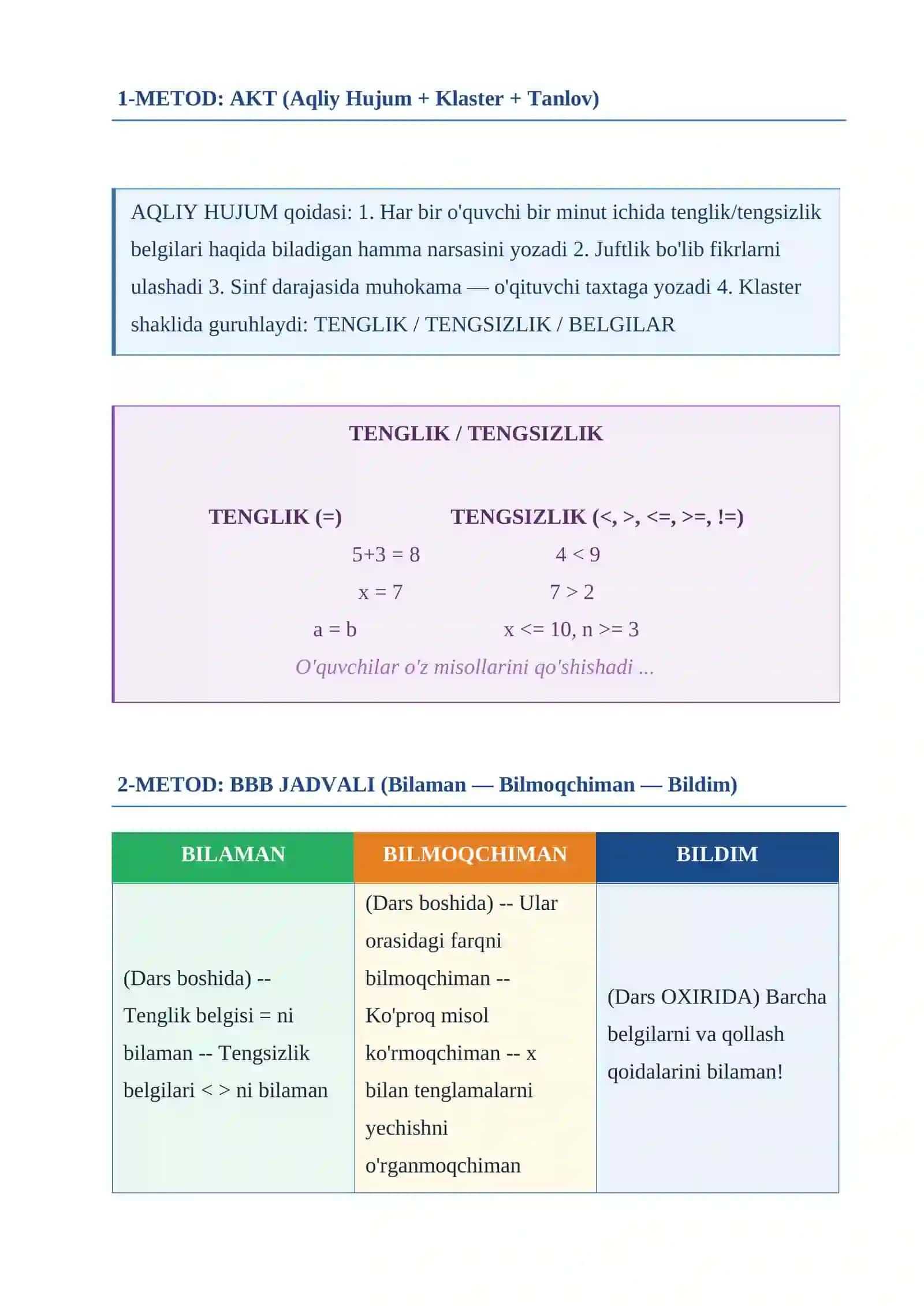 TENGLIKLAR VA TENGSIZLIKLAR   dars ishlanma 4
