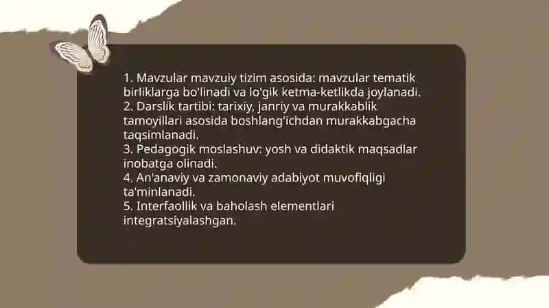 Oʻzbek adabiyotidan darslik va oʻquv qoʻllanmalarining boblari va mavzularini oʻrganish 4