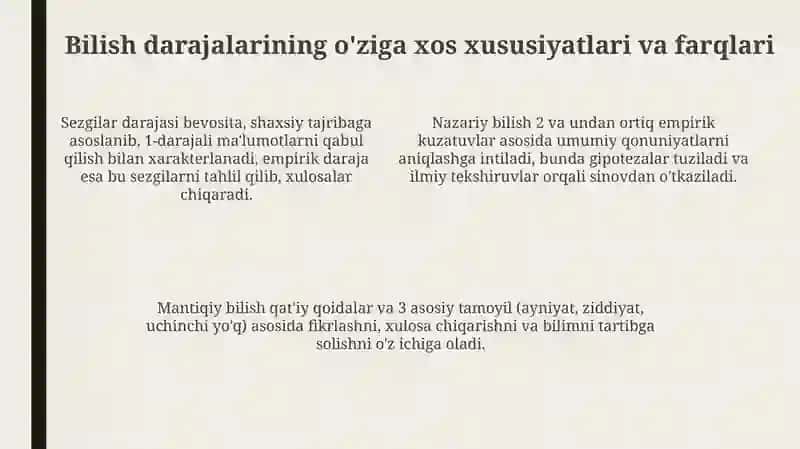 Hissiy imperik nazariy mantiqiy intuetif bilish darajalarining oʻzaro aloqasi va farqi 4