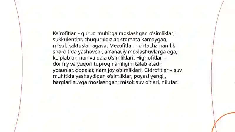 Yorug'lik namlik faktorlariga ko'ra o'simliklarning ekologik guruhlari 4