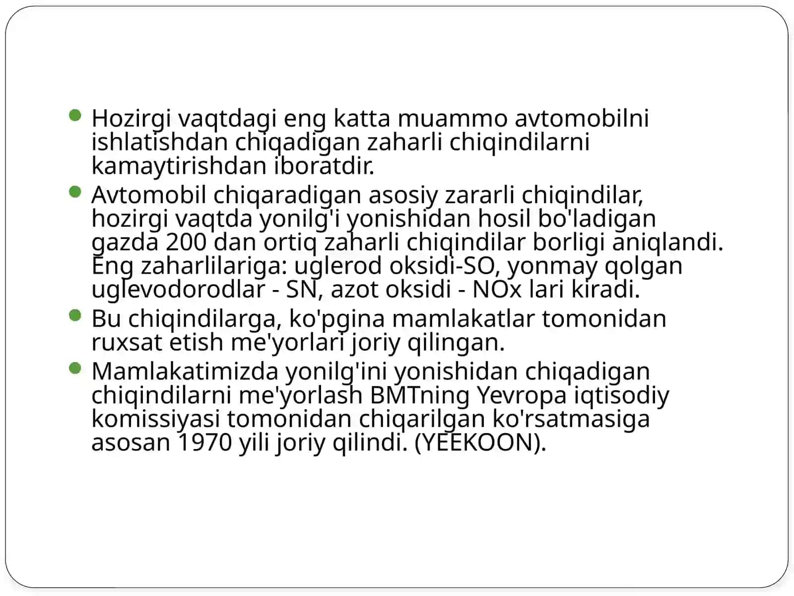 Avtomobiltransportiniatrofmuhitga,aholigavaishlovchilargame'yoriyta'sirinita'minlash 4