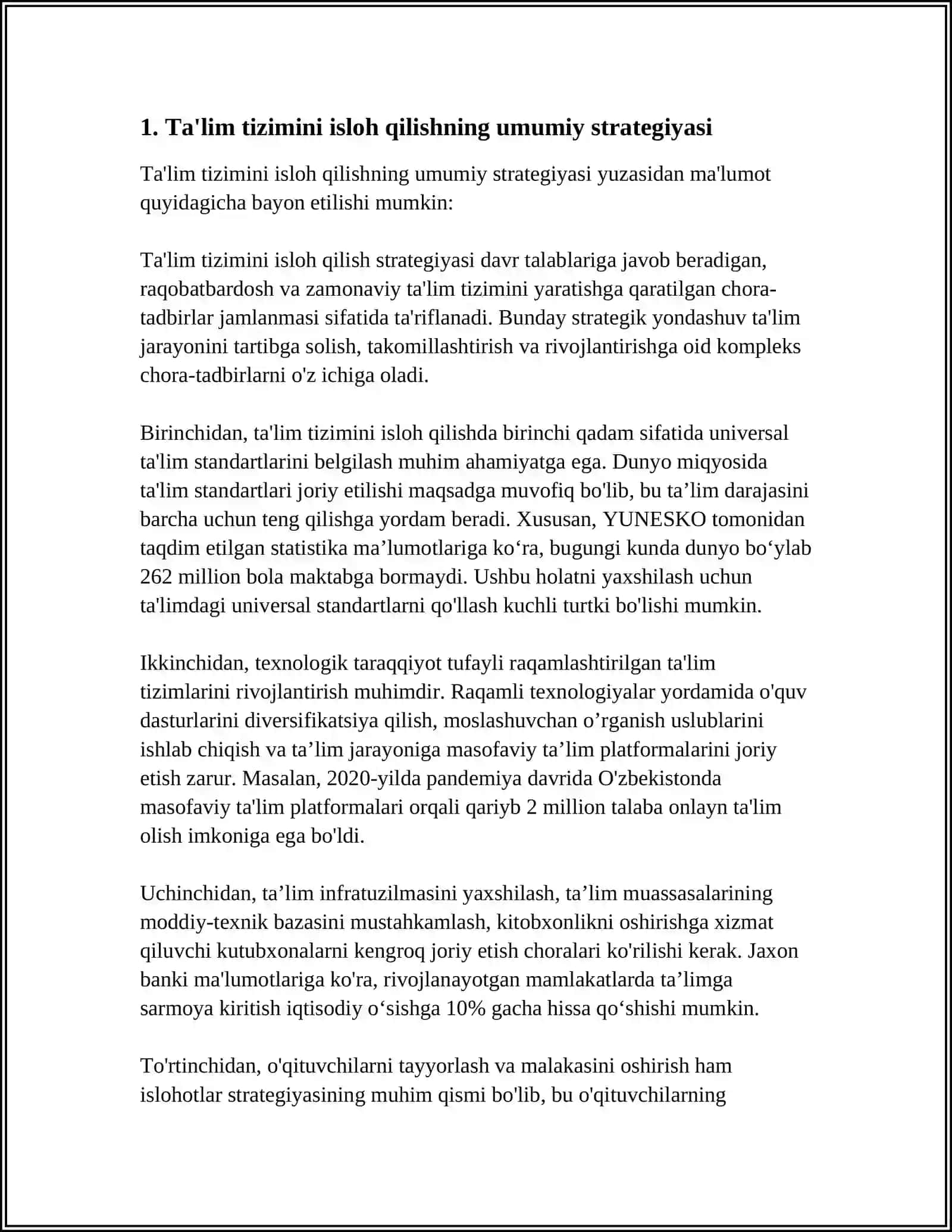 Mavzu: O'ZBEKISTON RESPUBLIKASIDA TA'LIM SOHASIDA AMALGA OSHIRILGAN ISLOHOTLAR 4