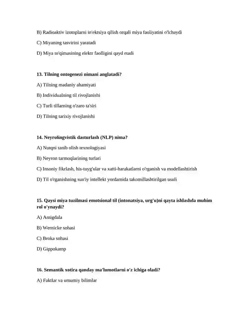 Neyrolingvistika test javoblari 4