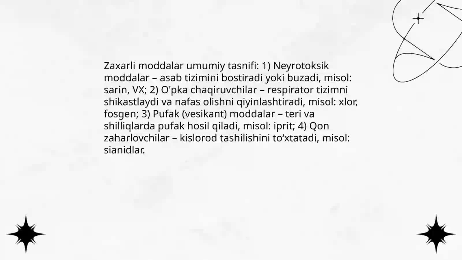 KIMYOVIY QUROL.ZAXARLI MODDALARNING TASNIFI.KIMYOVIY VAZIYATNI BAHOLASH 4