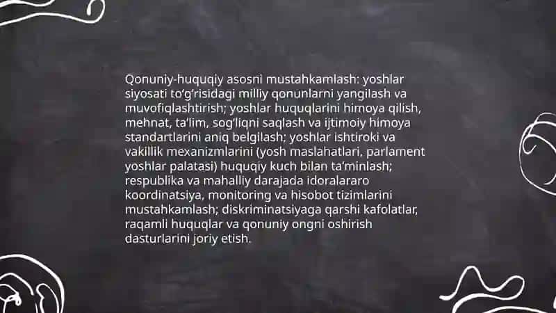 Yoshlarga oid davlat siyosati strategiyasini ishlab chiqish va yangilash 4