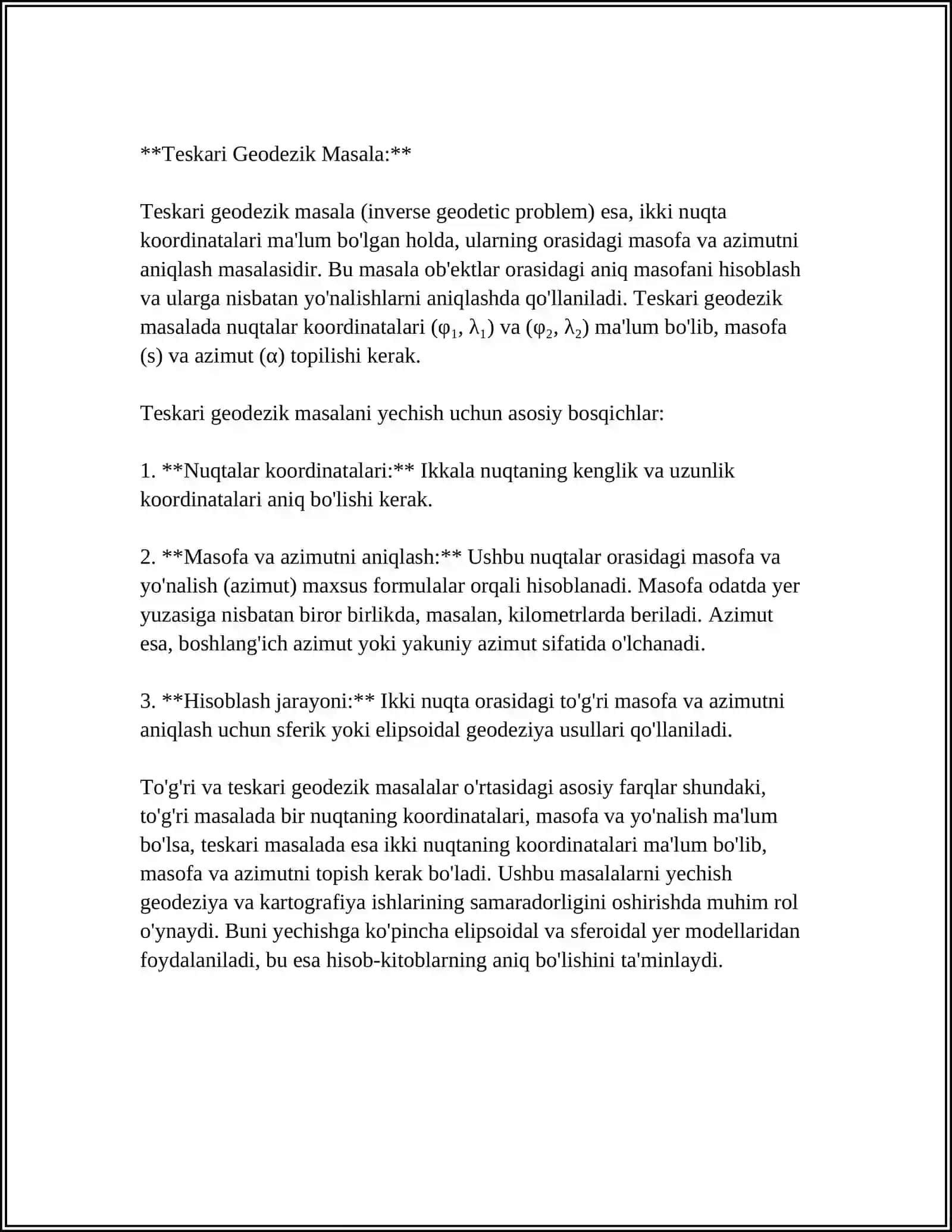 TUĞRI VA TESKARI GEODEZIK MASALALAR 4