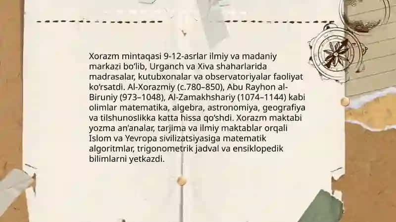 9–12 asrlarda Buxoro va Samarqandda yuz bergan madaniy uyg'onish (Renessans) 4