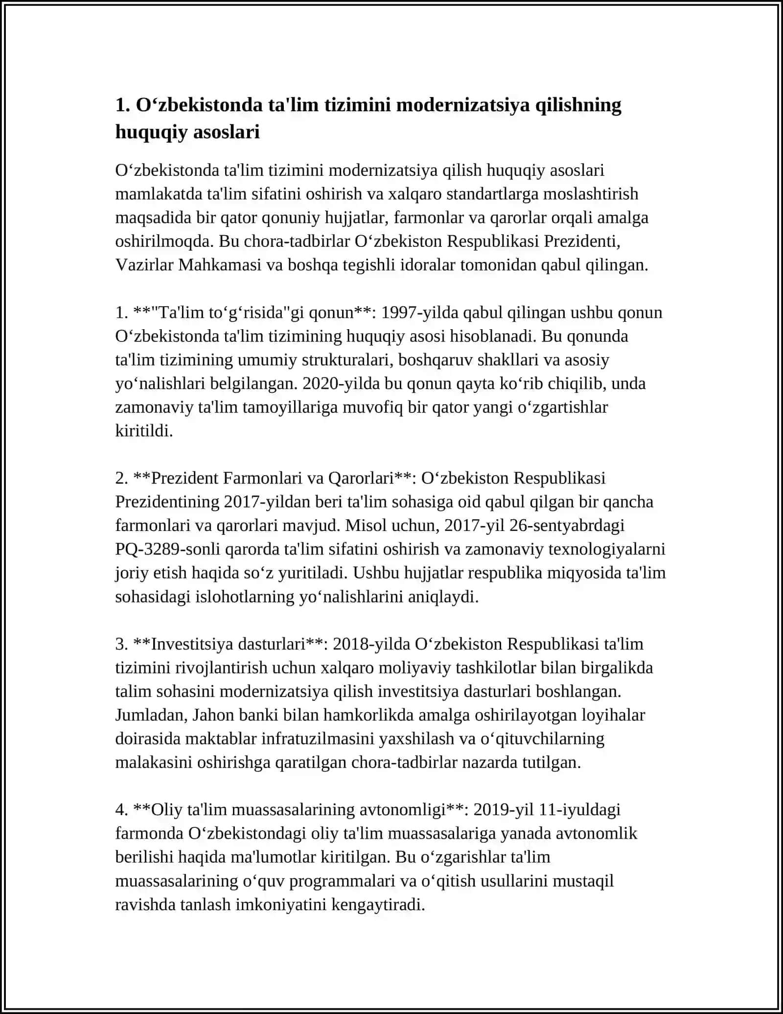 Oʻzbekistonda Talim Tizimida Modalizatsiya Qilish Jarayoni. Ta'lim Tizimining Huquqiy Normativ Asoslari 4