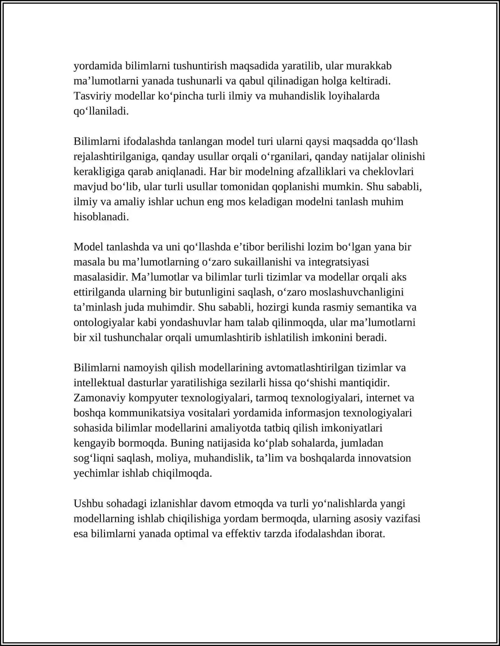 BILIMLARNI NAMOYISH QILISH MODELLARI. SEMANTIK TARMOQLARNING AFZALLIKLARI VA KAMCHILIKLARI 4