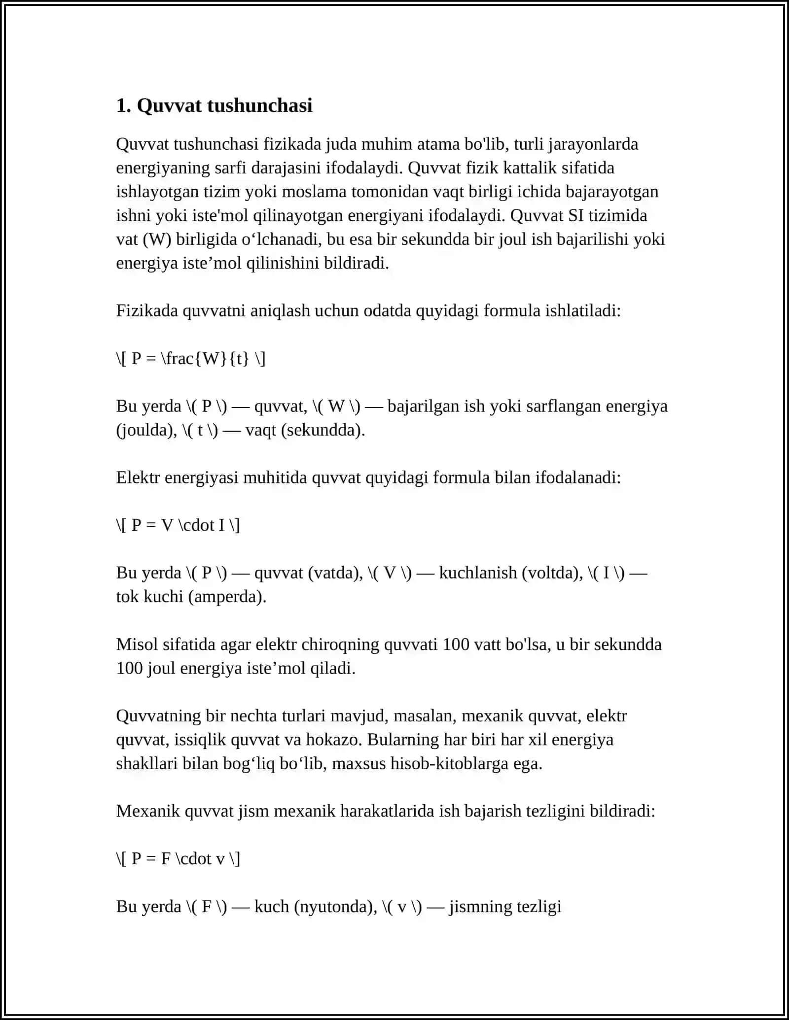 QUVVAT VA ELEKTR ENERGIYASINI ISROFINI HISOBLASH 4