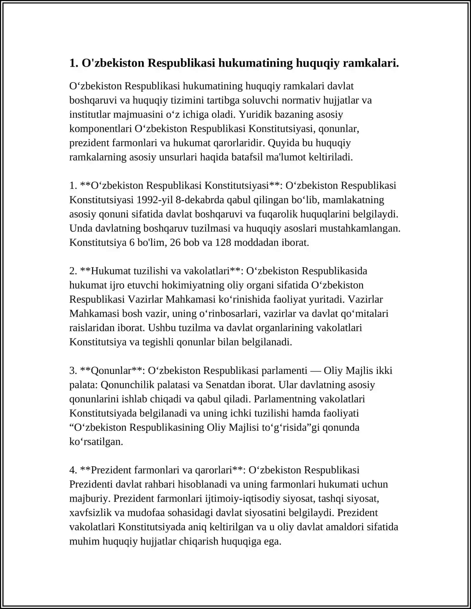 O‘ZBEKISTON RESPUBLIKASI HUKUMATINI TASHKIL ETISH TARTIBI UNING TARKIBI VA FAOLIYATINI AMALGA OSHIRISH TARTIBI 4