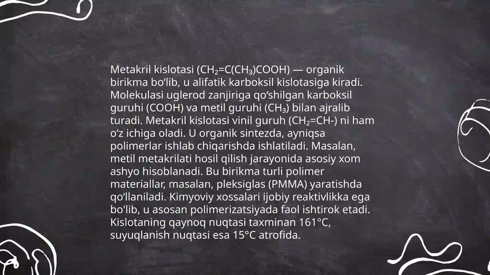 Metilmetakrilatning metakril (yoki akril) kislotasi bilan sopolimerlanishi laboratoriya mashg'ulotiga tayyorgarlik ko'rish 4