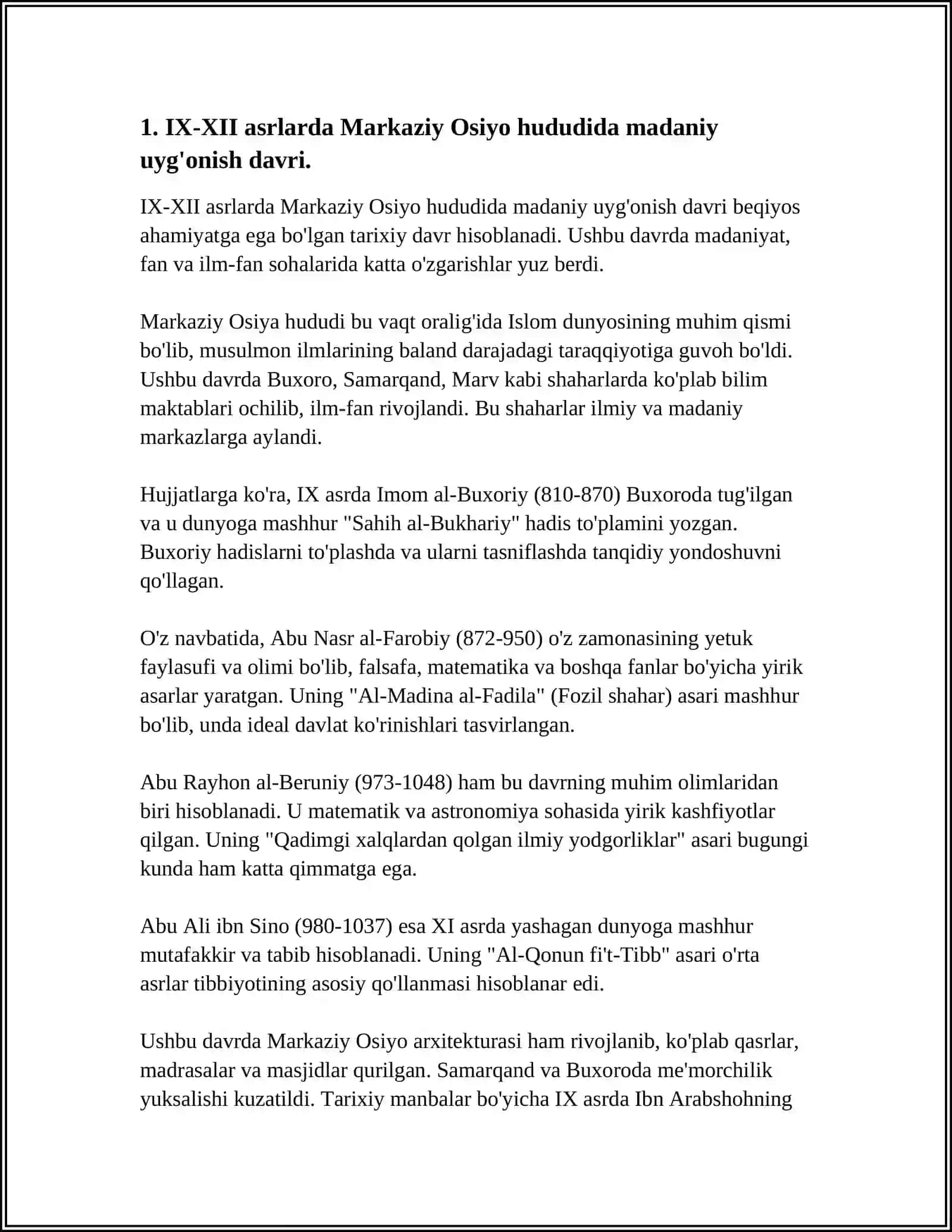 IX-XII ASRLARDA MAMLAKATIMIZ HUDUDIDA RO'Y BERGAN MADANIY UYG'ONISH (RENESSANS) BUYUK ALLOMALARNING JAHON SIVILIZATSIYASIGA QO'SHGAN HISSASI 4