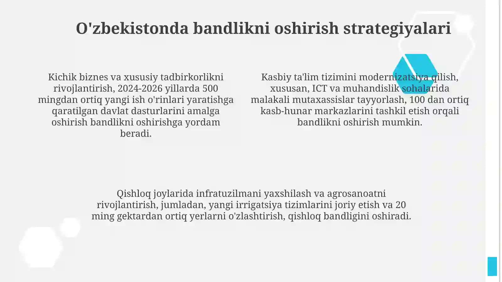O‘zbekistonda ishsizlik va bandlik hamda kambagʻallik masalalarining yechimi haqida 4