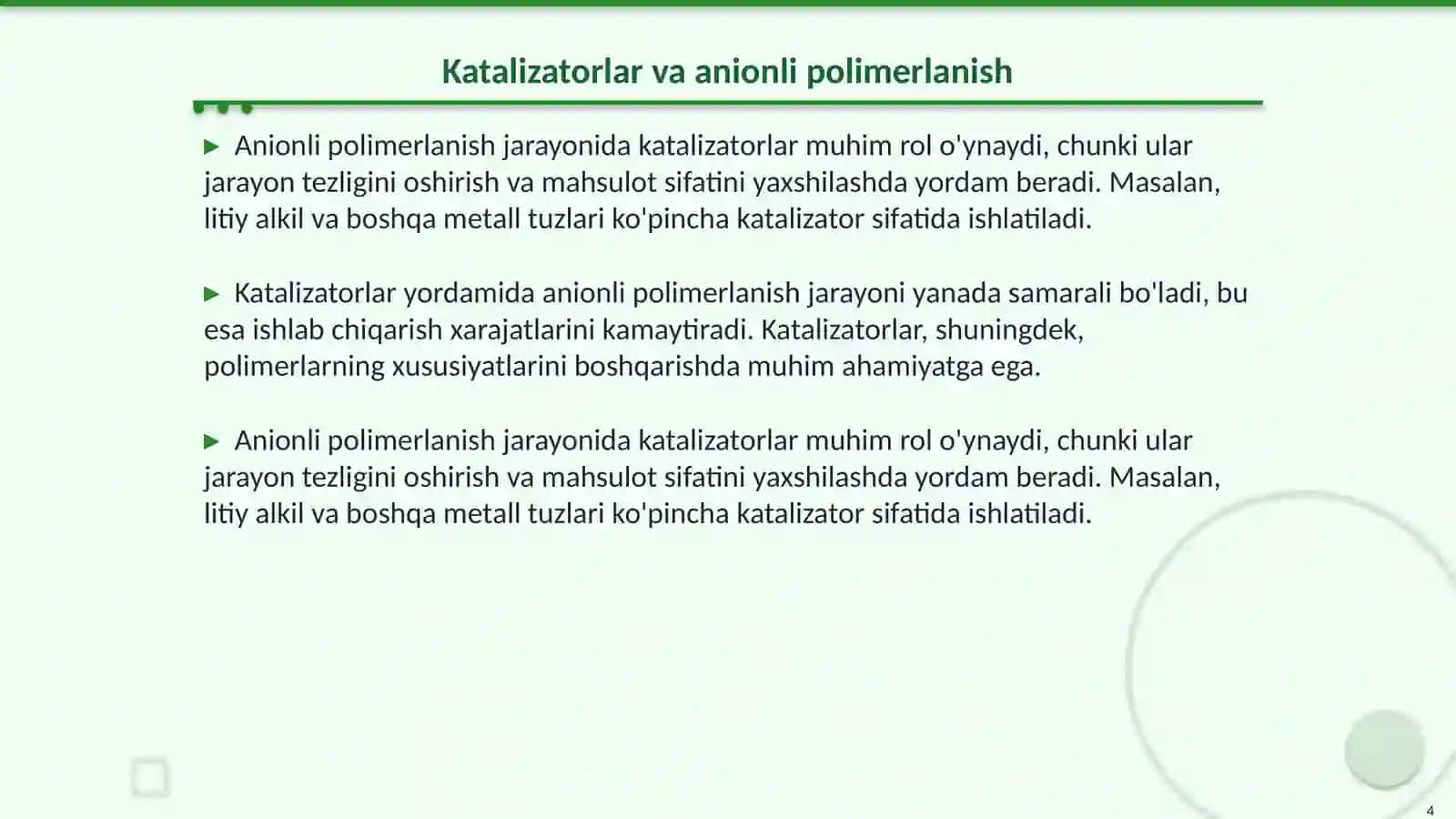 Anionli polimerlanish reaksiyalari va ularning o‘ziga xos xususiyatlari 4