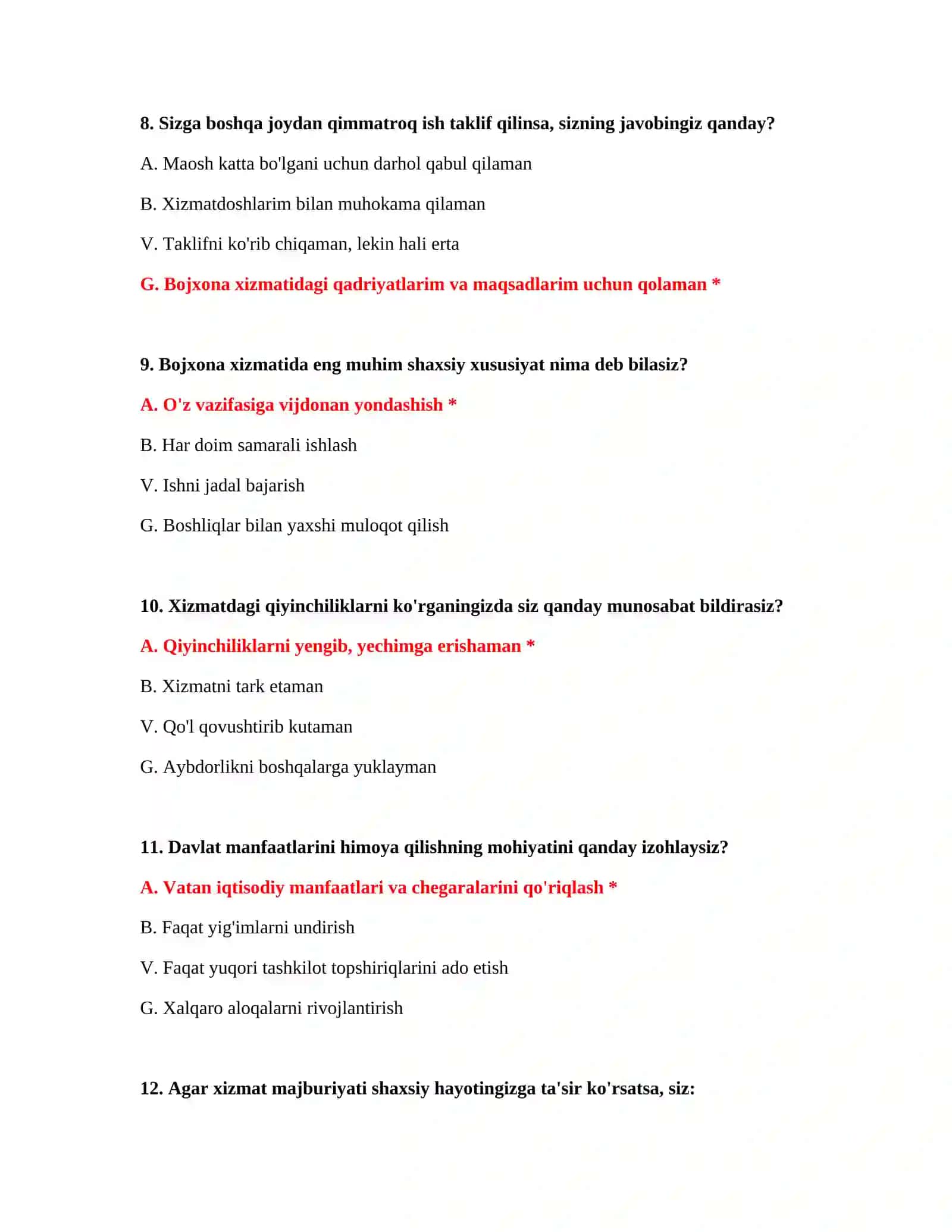 Bojxona nomzodlari test savollari 4
